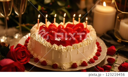 Romantic Anniversary Celebration with Heart-Shaped Cake and Roses Romantic Anniversary Celebration with Heart-Shaped Cake and Roses 123219456