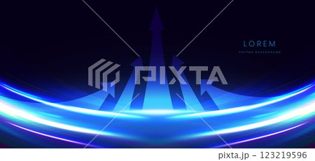 Abstract technology futuristic glowing arrow neon blue light ray on dark blue background. Concept technology motion speed. Abstract technology futuristic glowing arrow neon blue light ray on dark blue background. Concept technology motion speed. 123219596