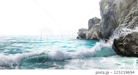 Wave Crashing into a Rocky Shore 123219694