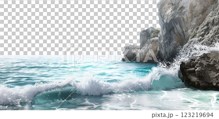 Wave Crashing into a Rocky Shore 123219694