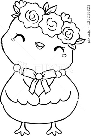Coquette Easter Chicken with Floral Crown Outline Coquette Easter Chicken with Floral Crown Outline 123219823