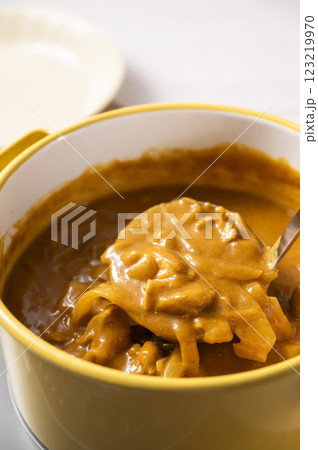 ホーロー鍋でバターチキンカレーを煮込む ホーロー鍋でバターチキンカレーを煮込む 123219970