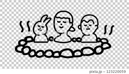 手繪向量插圖，描繪了一隻兔子、一隻猴子和一個女孩一起在溫泉裡放鬆 123220059