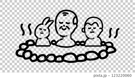 手繪向量插圖，描繪了一隻兔子、一位老人和一隻猴子一起在溫泉裡放鬆 123220060