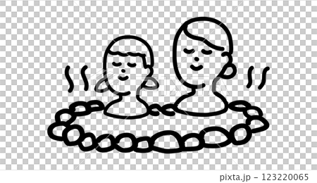 A hand-drawn vector illustration of a mother and her little daughter relaxing together in a hot spring 123220065