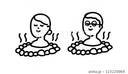温泉に入ってリラックスするカップル・夫婦の手書きベクターイラスト 123220069