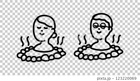 温泉に入ってリラックスするカップル・夫婦の手書きベクターイラスト 123220069