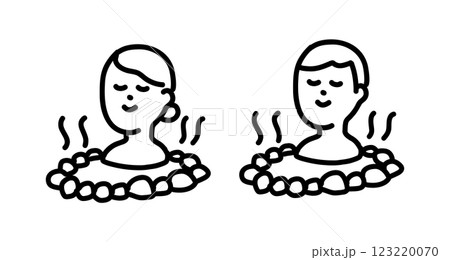 温泉に入ってリラックスする若い男女の手書きベクターイラスト 123220070