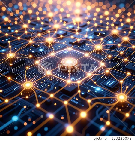 Abstract digital connectivity, glowing data streams and circuits illustrate the unseen world of AI and internet communication. 123220078