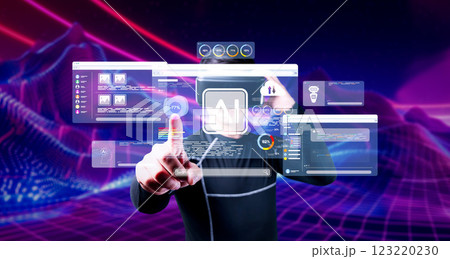 Futuristic AI Assistant with Interactive Interface and Data Visualization in a Tech Environment XDMCP 123220230