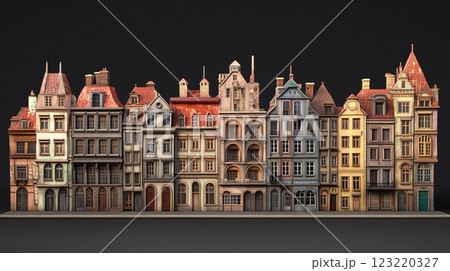 ヨーロッパ調の古い建物の3Dイラスト、黒背景 123220327