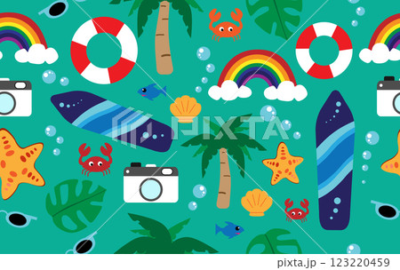 Summer pattern seamless fabric summer season. beach elements on green background. Designed for background ,wallpaper ,summer pattern ,wrapping paper ,travel ,holiday ,weekend ,vacation ,beach Summer pattern seamless fabric summer season. beach elements on green background. Designed for background ,wallpaper ,summer pattern ,wrapping paper ,travel ,holiday ,weekend ,vacation ,beach 123220459