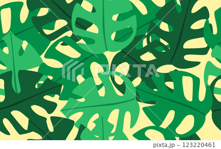 Summer pattern seamless fabric summer season. monstera leaf on yellow background. Designed for background ,wallpaper ,summer pattern ,wrapping paper ,travel ,holiday ,weekend ,vacation ,tropical 123220461