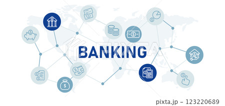 Banking icon set with illustration bank building money investment profit investment payment cash credit debit card wallet dollar sign currency coins balance loan financial design 123220689