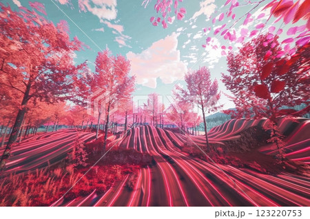 Surreal Pink Forest Landscape with Vibrant Light Trails in Autumn Surreal Pink Forest Landscape with Vibrant Light Trails in Autumn 123220753