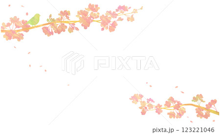桜の木と小鳥のコラージュイラスト　春の背景素材 123221046