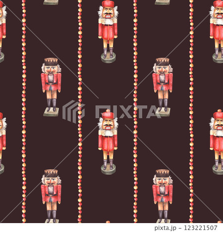 Nutcracker toy pattern with anise star and striped red gold balls garland. Christmas seamless traditional festive ornament. Watercolor painted retro soldier. Illustration on isolated dark background 123221507