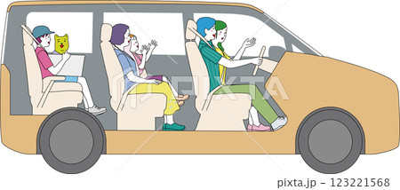 側面から見たミニバンの車内。笑顔で楽しくドライブする家族。 123221568