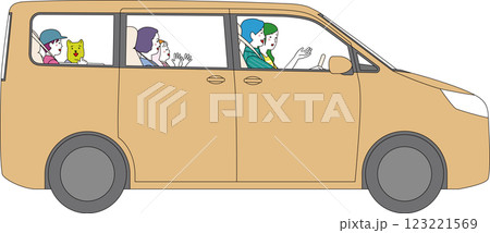 側面から見たミニバン。笑顔で楽しくドライブする家族。 側面から見たミニバン。笑顔で楽しくドライブする家族。 123221569