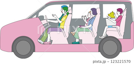 側面から見たミニバンの車内。笑顔で楽しくドライブする家族。 123221570