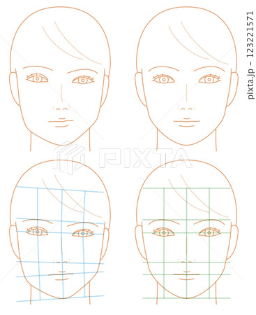 女性の顔。シンメトリーの顔と歪みがある顔。 123221571