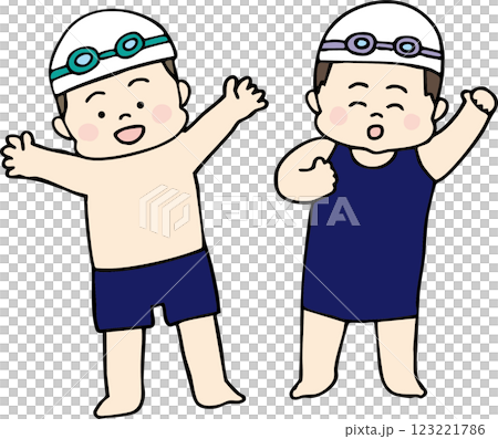男孩和女孩穿著學校泳衣的插圖 123221786
