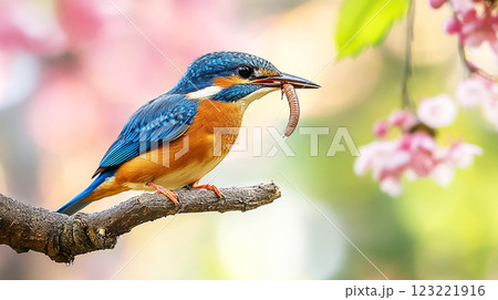 桜の枝にとまるカワセミと自然の美 桜の枝にとまるカワセミと自然の美 123221916
