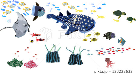 海の生き物と魚のかわいいイラストセット 123222632
