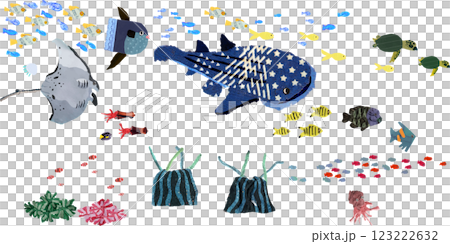 海の生き物と魚のかわいいイラストセット 123222632