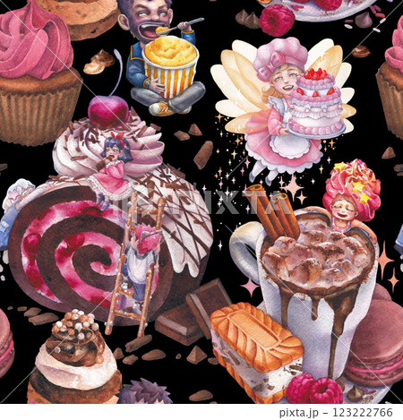 Seamless watercolor pattern of cute little sweet tooth characters and various giant desserts 123222766