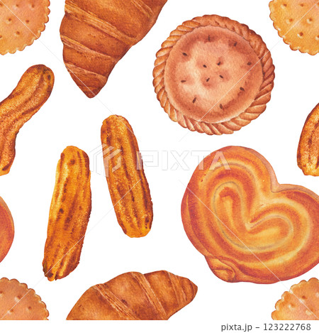 Seamless watercolor pattern of various sweet baked goods, such as pancakes, buns, churros, cookies, pies, croissants 123222768