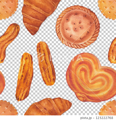Seamless watercolor pattern of various sweet baked goods, such as pancakes, buns, churros, cookies, pies, croissants 123222768