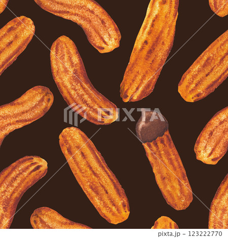 Seamless watercolor pattern of sweet fried sugar churros Seamless watercolor pattern of sweet fried sugar churros 123222770