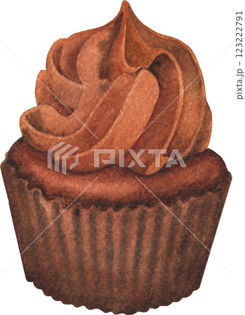 A traditional watercolor cupcake with a whipped cream isolated on a white background 123222791