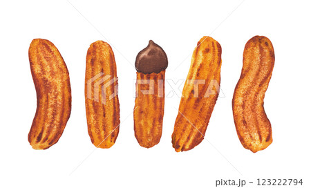 Watercolor collection of a fresh sugar churros isolated on a white background. 123222794