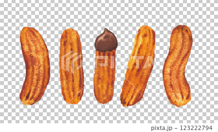 Watercolor collection of a fresh sugar churros isolated on a white background. 123222794