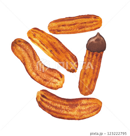 Watercolor collection of a fresh sugar churros isolated on a black background. 123222795