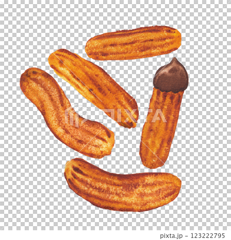 Watercolor collection of a fresh sugar churros isolated on a black background. 123222795