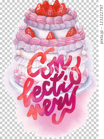 Cute watercolor two-tiered cake decorated with cream and strawberries in white and pink colors. 123222797
