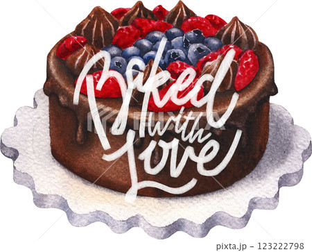 Cute hand-painted watercolor chocolate and berry glazed cake. 123222798