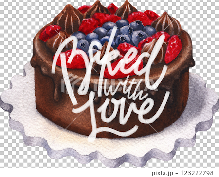 Cute hand-painted watercolor chocolate and berry glazed cake. 123222798