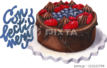 Cute hand-painted watercolor chocolate and berry glazed cake. 123222799