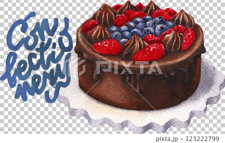 Cute hand-painted watercolor chocolate and berry glazed cake. 123222799