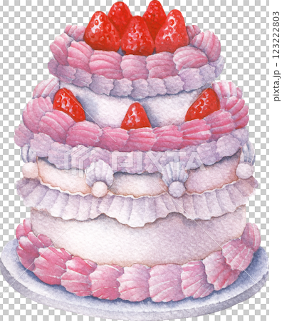 Cute watercolor two-tiered cake decorated with cream and strawberries in white and pink colors. 123222803