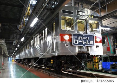 車両基地に停車する二子玉川園表示の東急電鉄8500系(8500系ローレル賞ヘッドマーク掲出) 車両基地に停車する二子玉川園表示の東急電鉄8500系(8500系ローレル賞ヘッドマーク掲出) 123222805