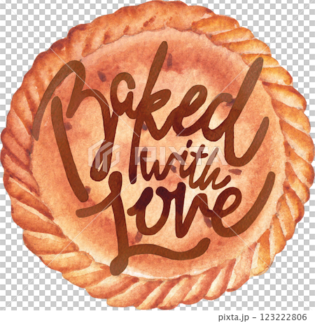 Baked with Love. A traditional watercolor closed round pie with a hand-lettered inscription on top. Baked with Love. A traditional watercolor closed round pie with a hand-lettered inscription on top. 123222806