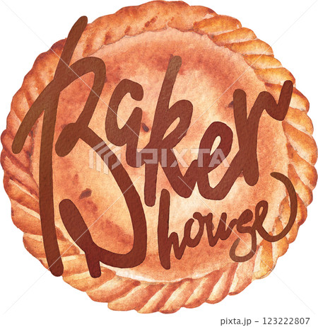 Baker house. A traditional watercolor closed round pie with a hand-lettered inscription on top. 123222807