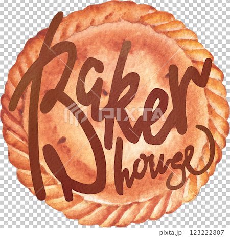 Baker house. A traditional watercolor closed round pie with a hand-lettered inscription on top. 123222807