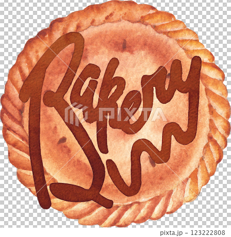 Bakery. A traditional watercolor closed round pie with a hand-lettered inscription on top. 123222808