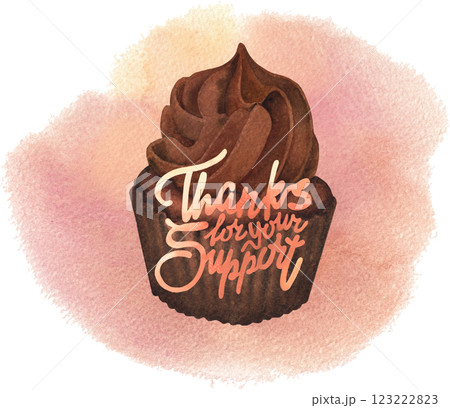Thanks for your support. A traditional watercolor cupcake with a whipped cream and a hand-lettered inscription 123222823